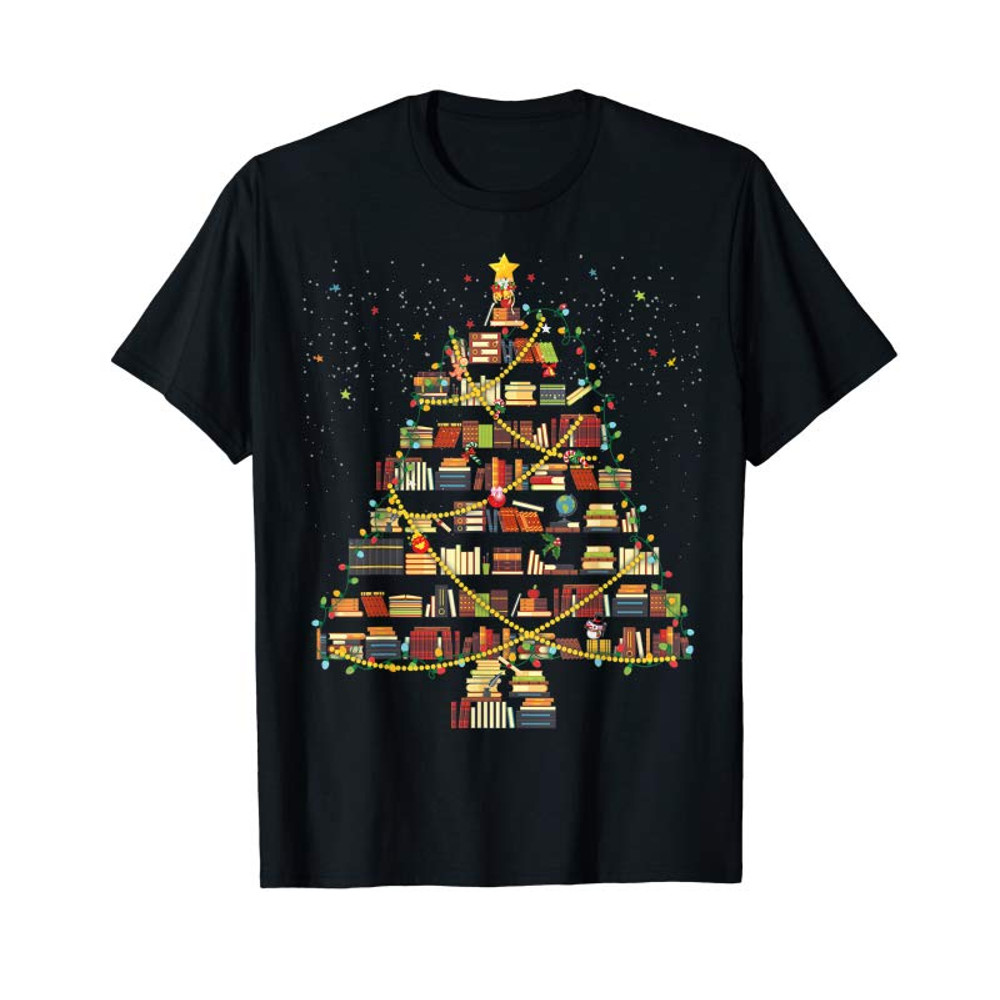 Adorable Book Christmas Tree Xmas Light Reading Books Librarian Gift T-Shirt - Tees.Design.png