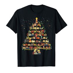 adorable book christmas tree xmas light reading books librarian gift t-shirt