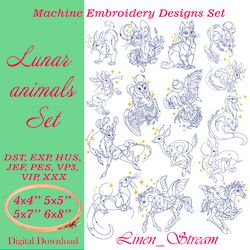 Lunar animals Set Machine embroidery design in 8 formats and 4-5 sizes