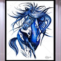 Blue running beautiful horse watercolor painting print by IrinJoyArt, Animal illustration, Home decor Wall art, gift