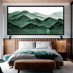 Green mountains wall art Abstract panoramic calming landscape Nature oversize canvas painting Modern home oversize decor