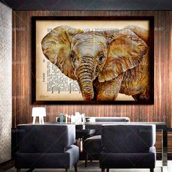elephant print animal painting vintage dictionary book page art, office masculine wall art decor living room loft design