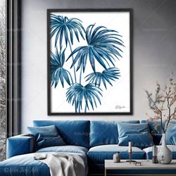 Palm leaves wall art Nature Minimalist navy blue wall decor Palm leaf watercolor branch Botanical print Tropical canvas