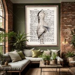bird wall art decor heron canvas painting dictionary book page vintage art print, coastal tropical modern boy girl decor