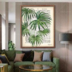 green palm leaf wall art antique botanical canvas dictionary art palm branch tropical coastal decor vintage floral book