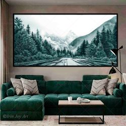 Green gray mountains wall art, Nature monochromatical panoramic landscape print, Watercolor forest painting Abstract