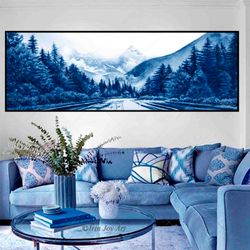 blue monochromatical panoramic landscape wall art nature photo print national park forest mountains modern large long ca