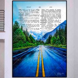 mountains wall art landscape painting wall art lush pine trees forest print, dictionary old book page vintage art