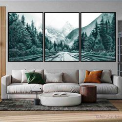 Set 3 art print National park Green abstract landscape large canvas painting Beautiful view mountains wall art Calming