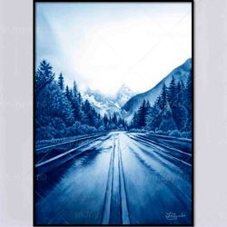 Blue monochrome magic English landscape painting Mountain Pine trees forest travel road wall art print, Original nature