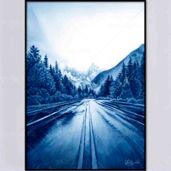 blue monochrome magic english landscape painting mountain pine trees forest travel road wall art print, original nature