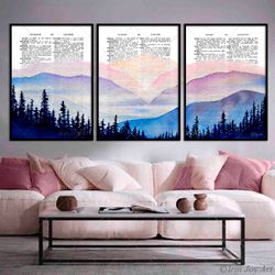 Landscape Mountains print Sunrise Sunset Forest painting Multi panel set 3 wall art, Dictionary book page vintage art