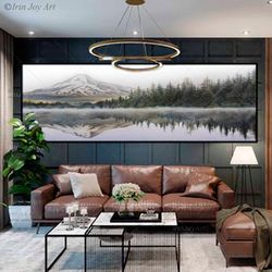 Panoramic blue green gray mountain valley Extra large canvas panorama art print Landscape painting, Neutral hotel decor