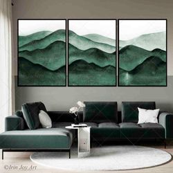 Set 3 pieces art prints Green mountains scenery wall art Abstract landscape large canvas painting Calming earth tone art