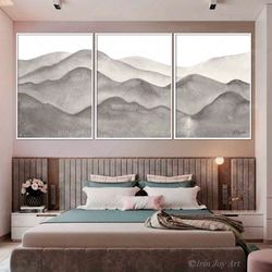 Set 3 pieces art prints Grey warm black white mountains wall art Abstract landscape canvas painting Calming relax modern