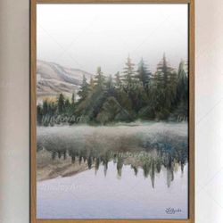 Grey green monochrome magic landscape painting Foggy mountains Pine trees forest neutral modern wall art print Nature