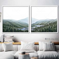 Set 2 Watercolor landscape prints Mountain wall art Nature foggy forest print Pine trees Lake Panorama canvas painting