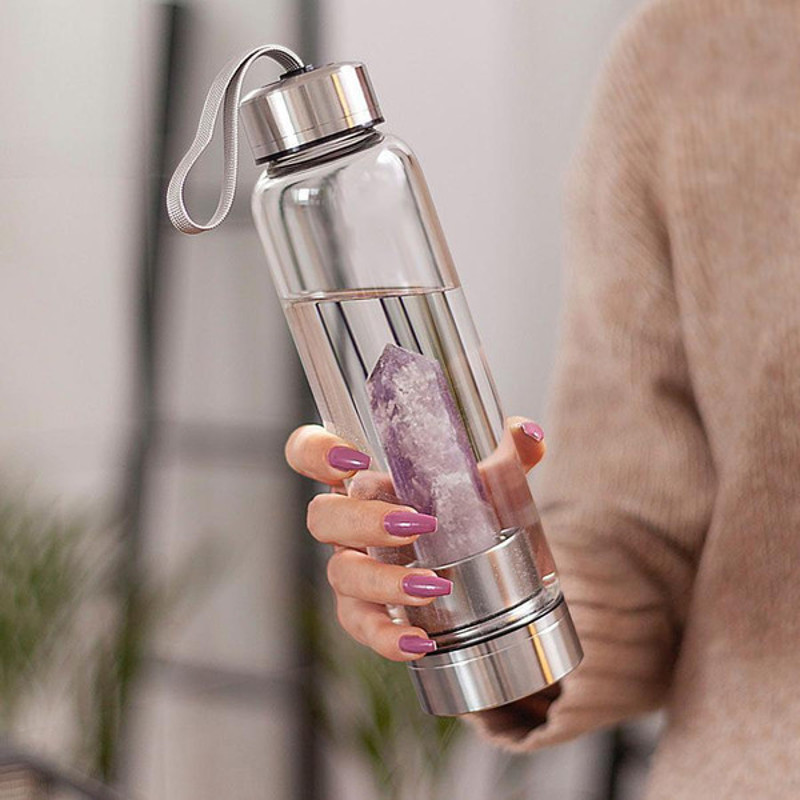 Healing Quartz Water Bottle with Gemstone Center Stainless Steel Natural Crystal Energy Cup