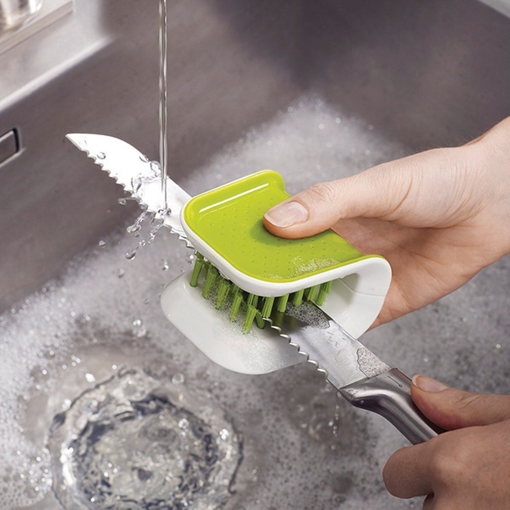 Green Double Sided Bristle Scrubber  NonSlip Blade Brush for Knife  Cutlery Cleaning