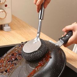 premium stainless steel wire ball brush with long handle – ideal for pots, bowls, sinks & kitchen cleaning
