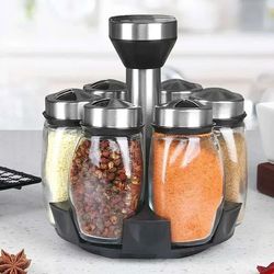 7-piece spice jar set with rotating rack – glass organizer & salt shakers holder
