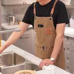 unisex oil-proof canvas apron with tool pockets – sleeveless kitchen and grill apron for men and women