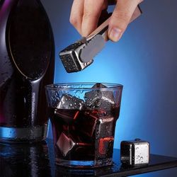 reusable stainless steel ice cubes set with silicone tongs and tray – 6-piece non-melting ice cubes for drinks