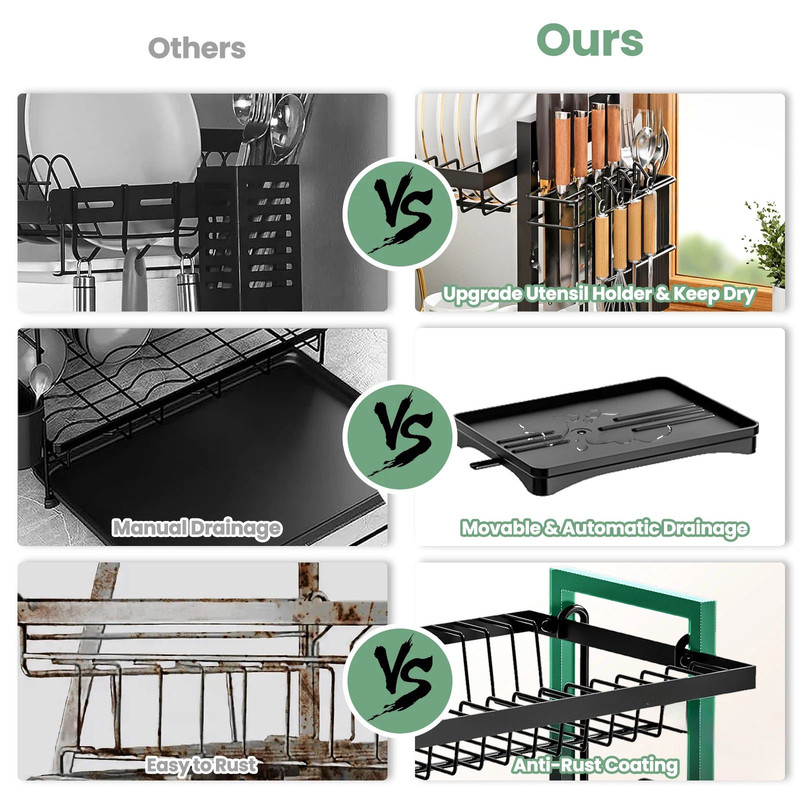 Rustproof Dish Drainer Rack Utensils Holder Drip Tray Large Capacity Kitchen Drying Rack 3