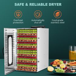 commercial stainless steel food dehydrator 20 trays, adjustable timer jerky & fruit dryer for meat, beef, herbs
