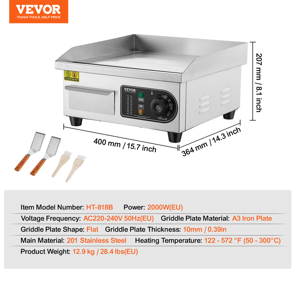 Electric Countertop Griddle Teppanyaki Grill, Stainless Steel Flat Top Grills for Pancakes, Chicken & Steak