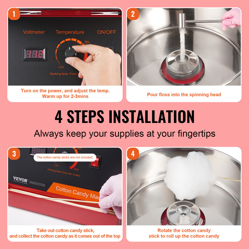 Heavy-Duty Electric Cotton Candy Machine Candy Floss Maker, Commercial Cotton Candy Machine, Stainless Steel Bowl Scoop