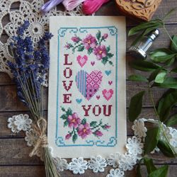 Love You cross stitch pattern Valentine's Day cross stitch pattern Hearts and flowers cross stitch chart