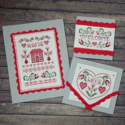 Love, welcome to our home! Set of three cross stitch patterns Primitive cross stitch pattern