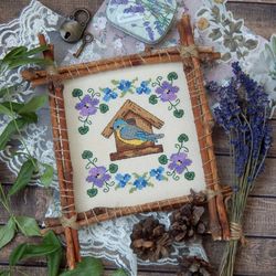 Spring Bird cross stitch pattern and Tutorial on how to make a frame out of branches PDF download