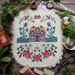 Roses Cottage cross stitch pattern Country Cottage cross stitch pattern Vintage roses cross stitch chart PDF download