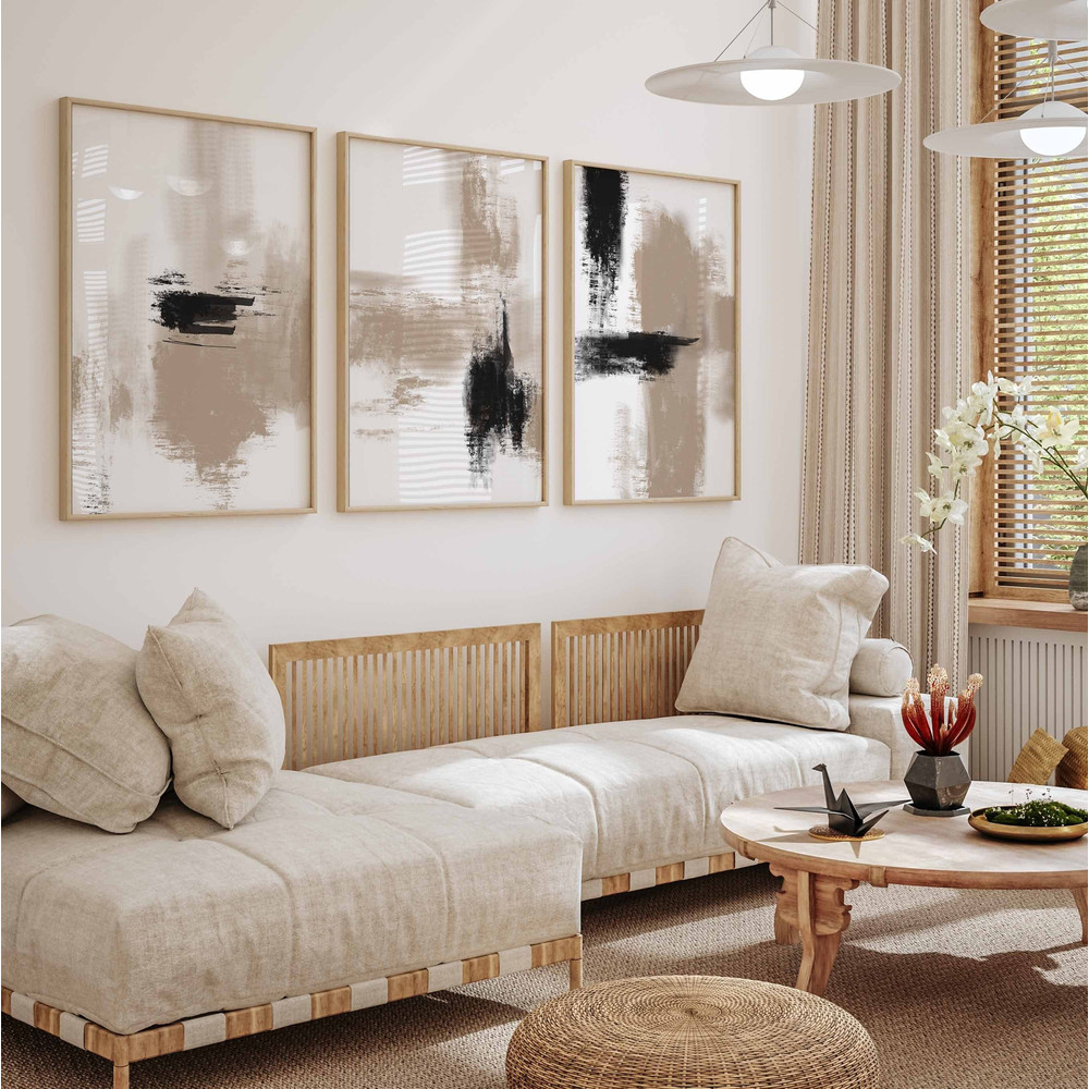Modern Abstract Gallery Wall Art Set of 3 Black Beige Neutral Prints Abstract Art Modern Bedroom Decor Printable, Brush Strokes.jpg