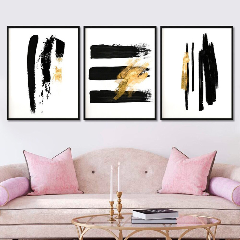 Minimalist 3 piece wall art print Geometric line art Extra large abstract set of 3 poster Black and white framed canvas Modern gold decor.jpg