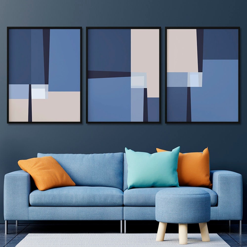 Geometric line art Abstract 3 piece wall art prints Light blue modern wall decor Extra large minimalist set 3 poster Bedroom framed canvas.jpg