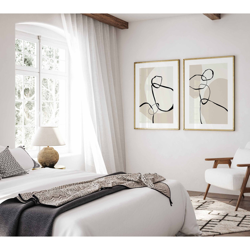 Minimalist Mid century modern Abstract Black and Beige Printable wall art Set of 2, Neutral Line Drawing Modern Shapes, Downloadable prints.jpg