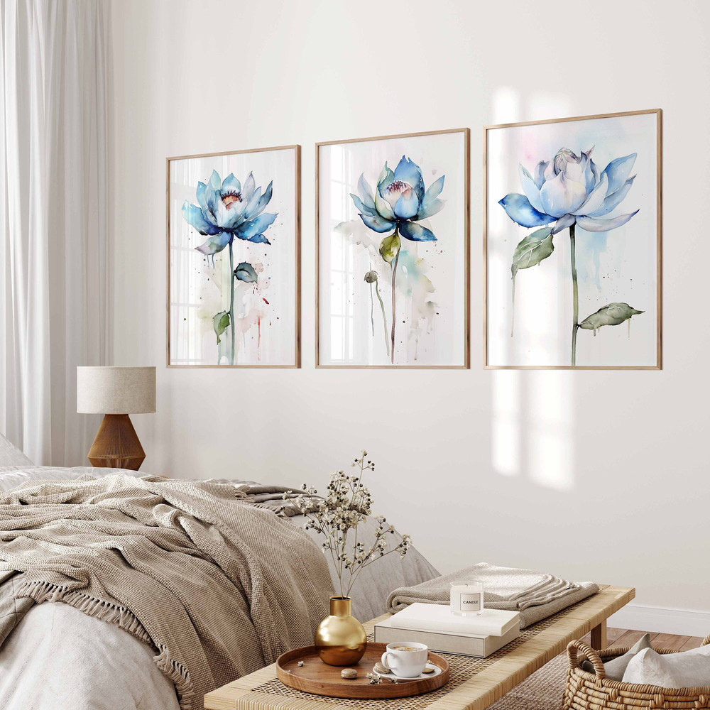 Modern Gallery Wall Art Set of 3 Prints Blue Flower Art Minimalist Poster Prints Bedroom Decor Flowers Art print Living Room Wall Printable.jpg