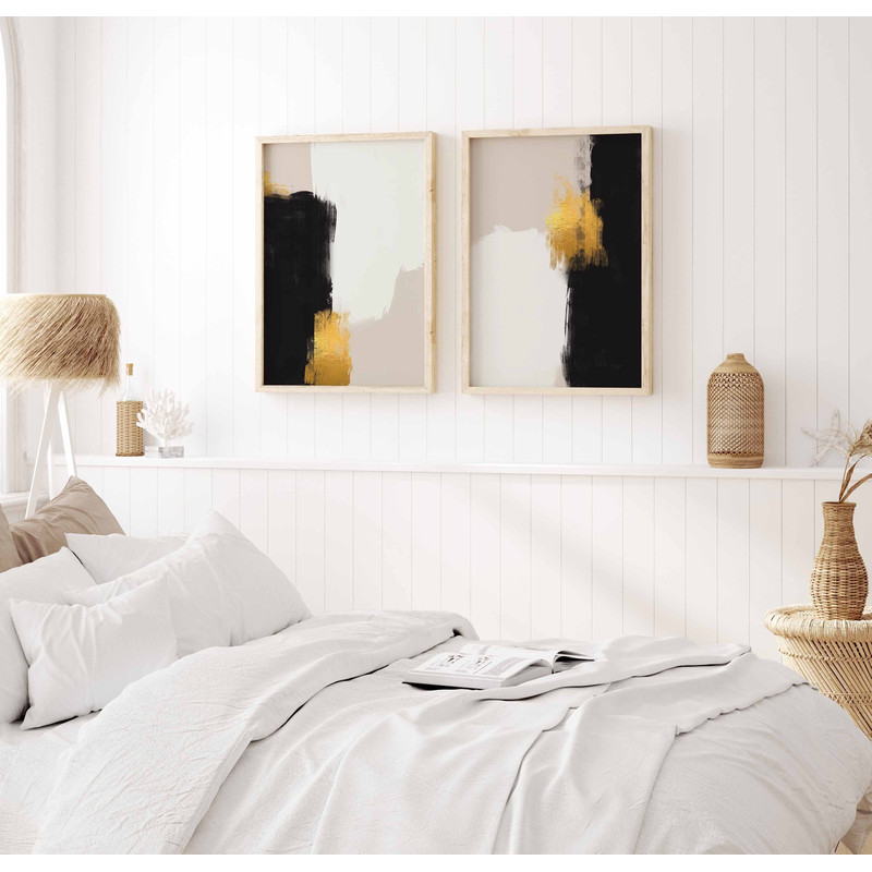 Large Minimalist Black And Gold Set Of 2 Prints Minimal Brush Strokes Gallery Wall Art Printable Modern Diptych Bedroom Decor Neutral Poster.jpg