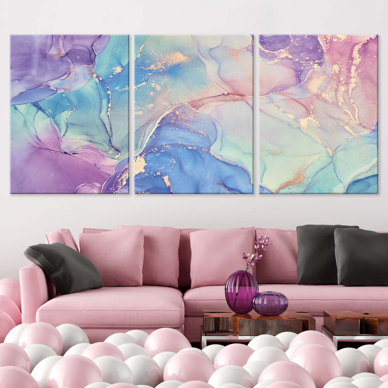 Light blue fluid wall art prints Over the bed wall art set Living room set of 3 canvas Abstract 3 piece wall decor Bedroom panel home decor-1.jpg