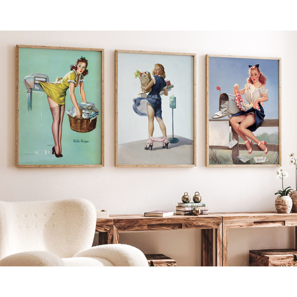 Pin Up Girls Poster Print - Set of 3 Housewife Pin Girls, Vintage Art, Retro Poster Set, Wall Art Posters, Wall Art.jpg