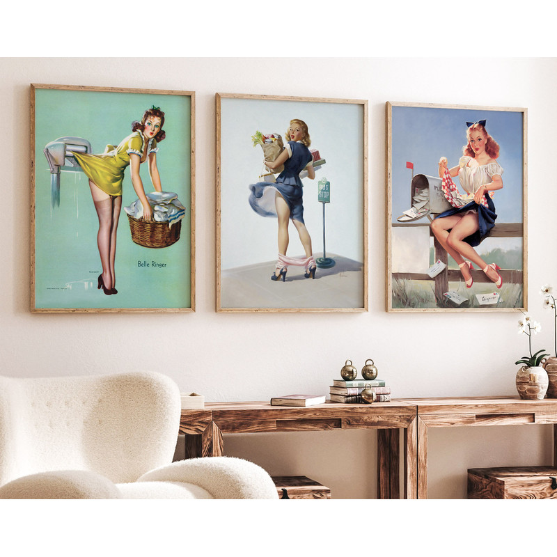 Pin Up Girls Poster Print - Set of 3 Housewife Pin Girls, Vintage Art, Retro Poster Set, Wall Art Posters, Wall Art.jpg