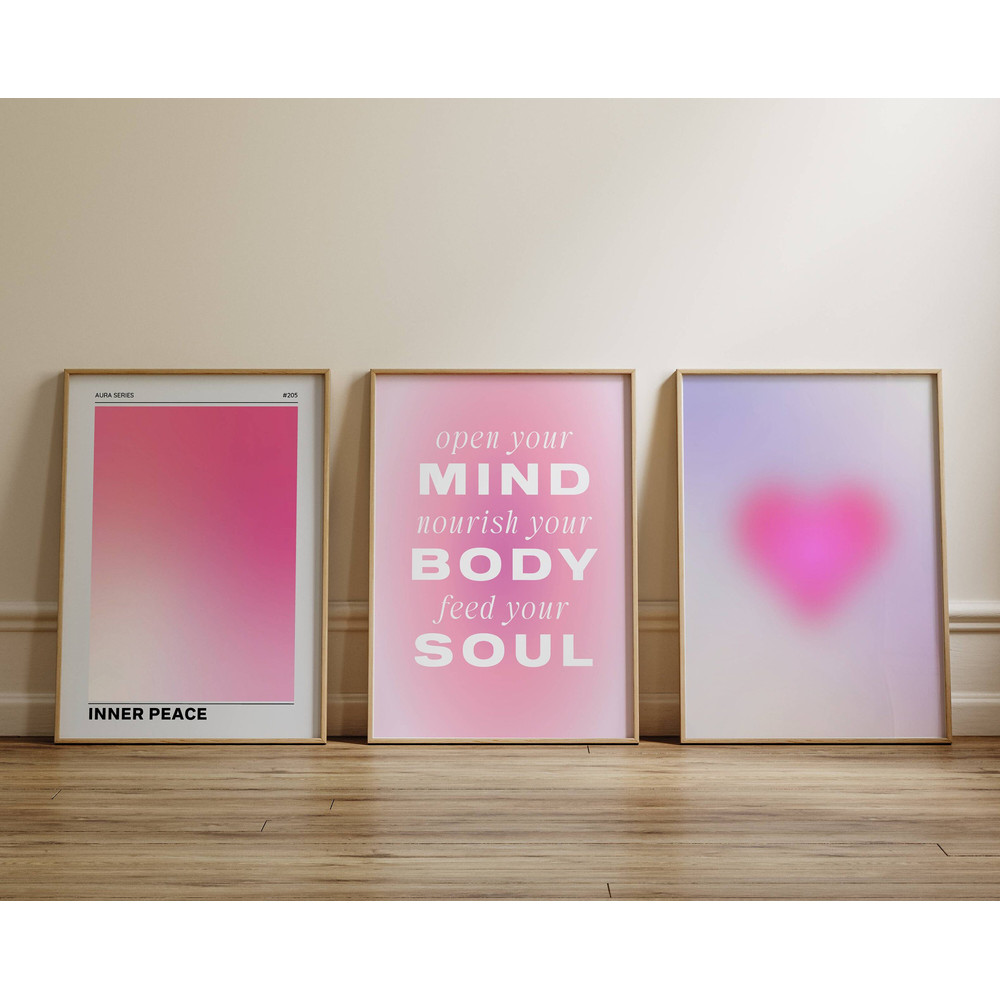 Positive Aura Posters Set Of 3, Aesthetic Room Decor, Trendy Pink Wall Art, Spiritual Affirmations Grainy Gradient Aura Print.jpg