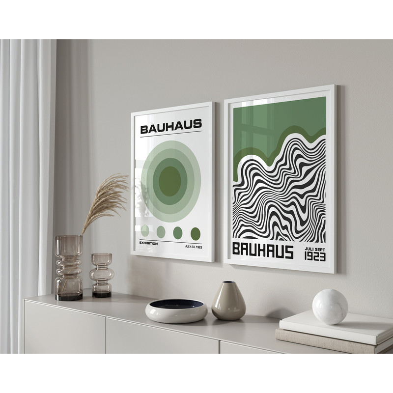 Set of 2 Sage Green Prints, Bauhaus Print, Bauhaus Wall Art, Bauhaus Exhibition Poster, Green Bauhaus Design, Housewarming Gift.jpg