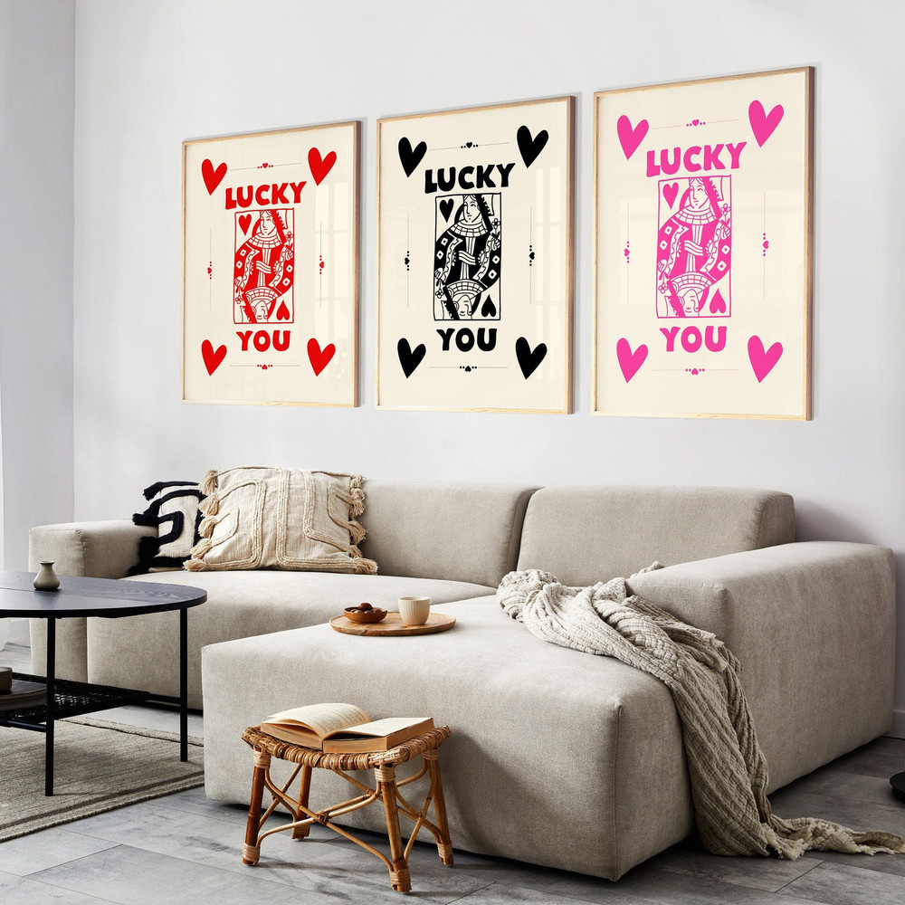 Retro Trendy Aesthetic Wall Art Set Of 3, Trendy Retro Wall Print, Modern Retro Dorm Decor, Lucky You Poster, Card Art, Queen of Hearts,.jpg