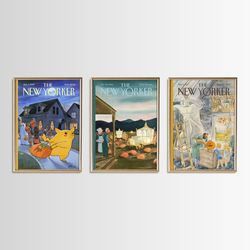 New Yorker Set Of 3 Prints, Vintage Landscape Painting, New Yorker Posters, Muted Lake Watercolor Poster, PRINTABLE, NW3