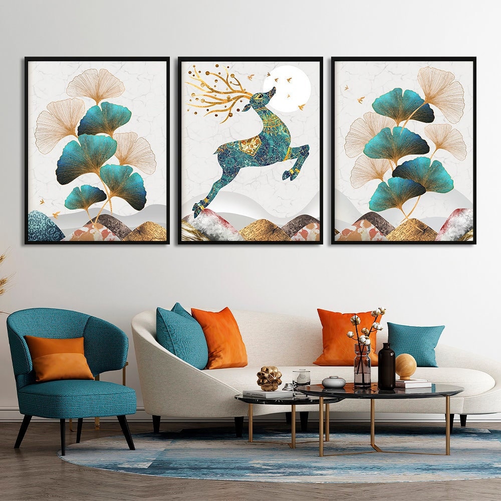 Scandinavian 3 piece wall art print Nordic deer and moon set of 3 poster Gold wall decor Extra large framed botanical canvas Floral decor.jpg