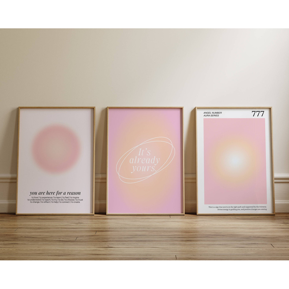 Positive Affirmation Pink Aura Poster, Angel Numbers 777, Printable Set of 3 Prints, Aesthetic Room Decor, Trendy 3 Piece Gradient Wall Art.jpg